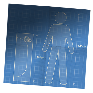Blueprint: AtomicGrow tent van 120 cm naast een persoon van 180 cm